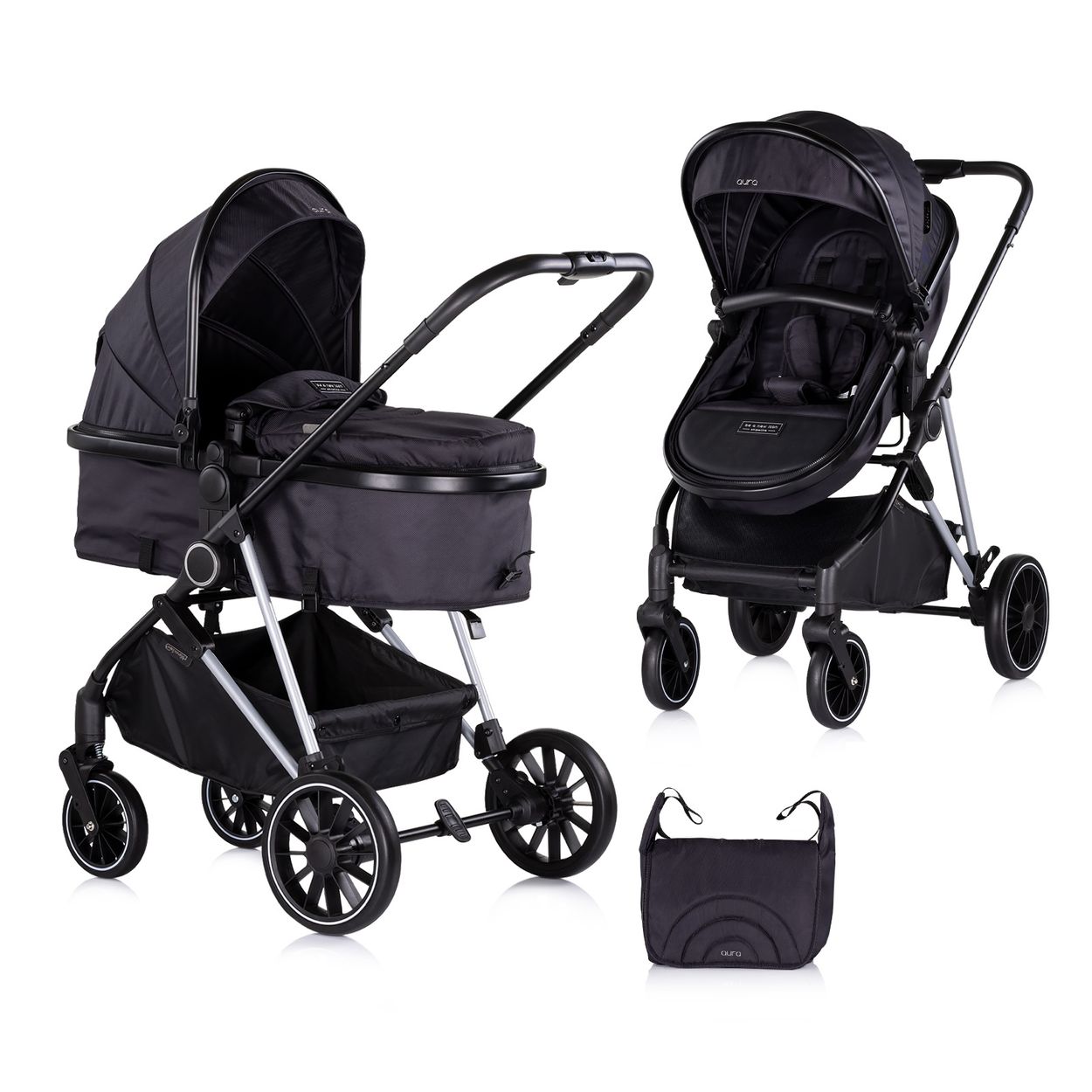 Chipolino Kinderwagen Aura 2 in 1 umbaubar Wickeltasche Sitz umkehrbar bis 22 kg schwarz gemustert 