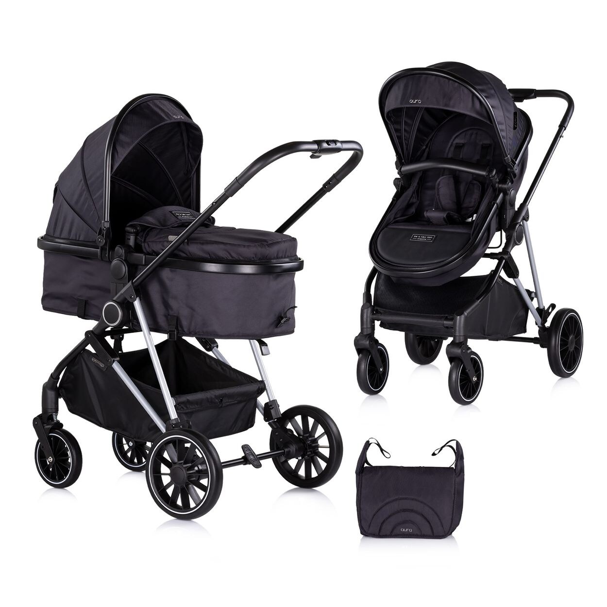 Kinderwagen Aura 2 in 1 umbaubar Wickeltasche Sitz umkehrbar bis  schwarz gemustert