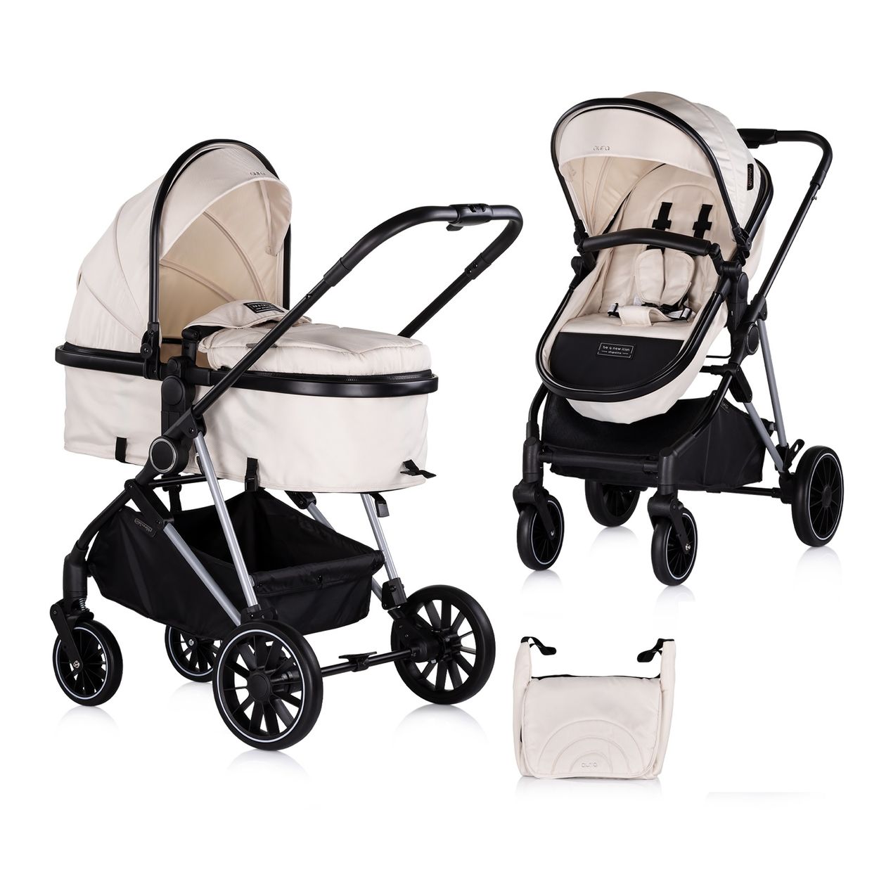 Chipolino Kinderwagen Aura 2 in 1 umbaubar Wickeltasche Sitz umkehrbar bis 22 kg creme 