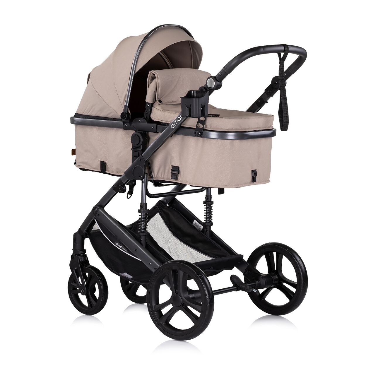 Kinderwagen 2 in 1 Amore Getränkehalter Wickeltasche Fußabdeckung Korb hellbraun