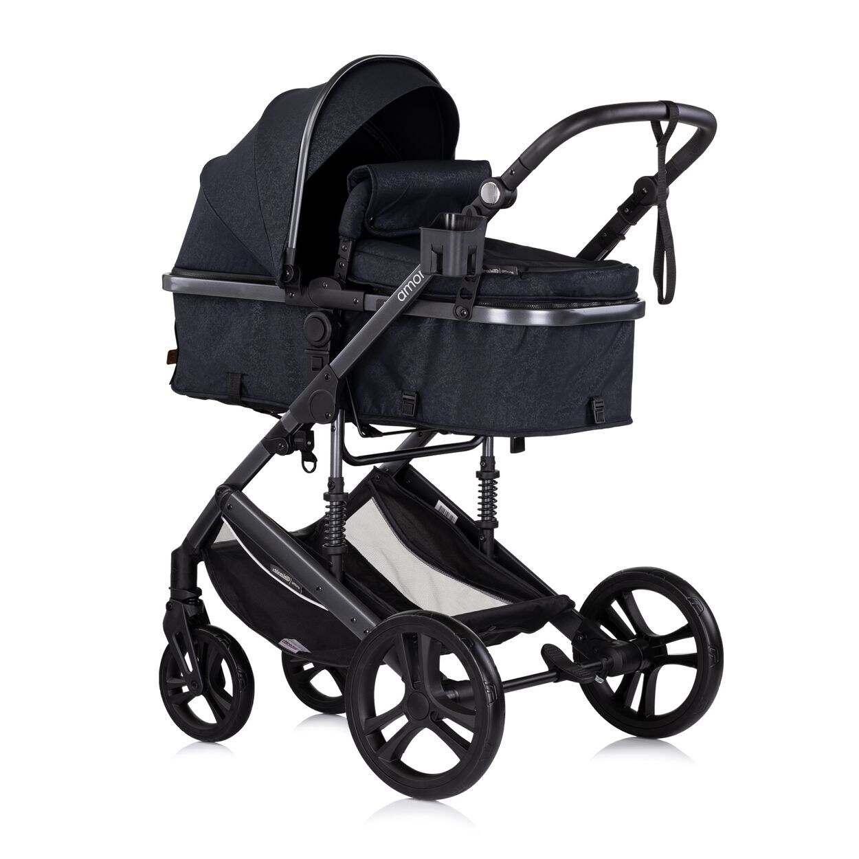 Kinderwagen 2 in 1 Amore Getränkehalter Wickeltasche Fußabdeckung Korb schwarz gemustert