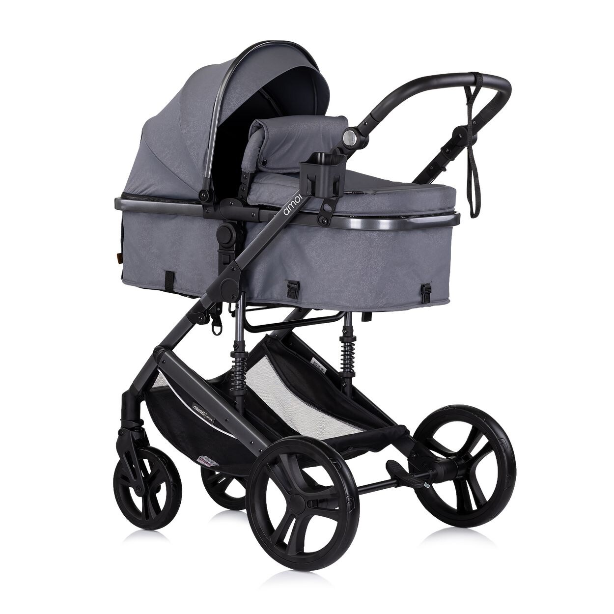 Kinderwagen 2 in 1 Amore Getränkehalter Wickeltasche Fußabdeckung Korb grau gemustert