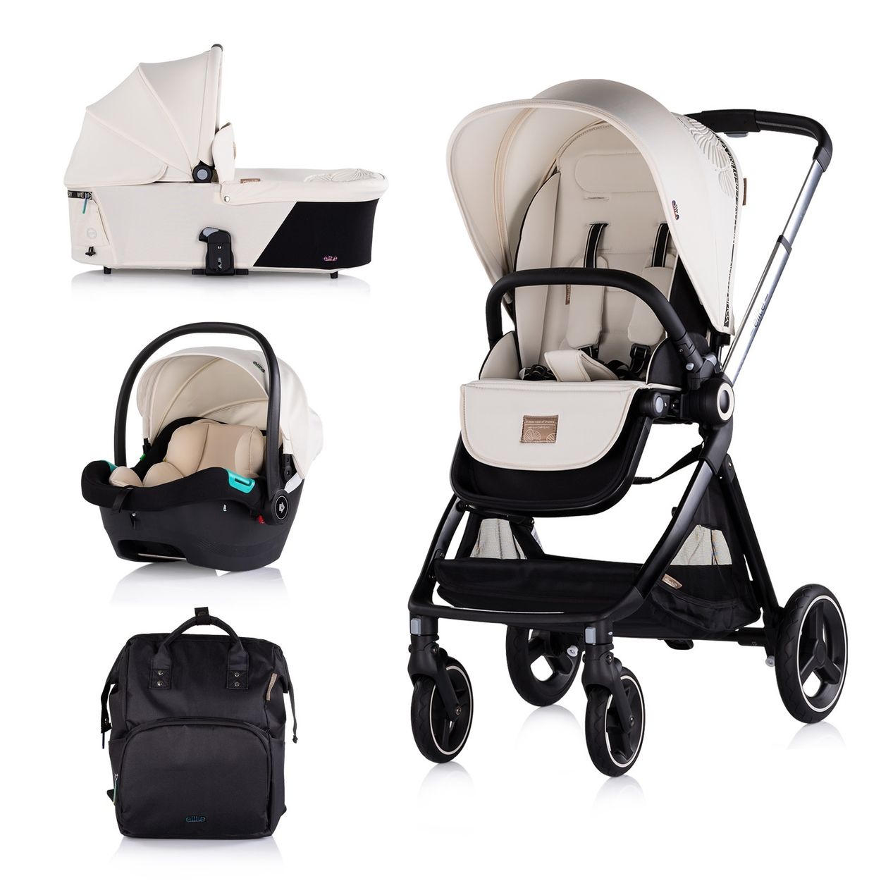 Chipolino Kinderwagen Elite 3 in 1 i-Size Babyschale Sportsitz Babywanne Tasche beige 