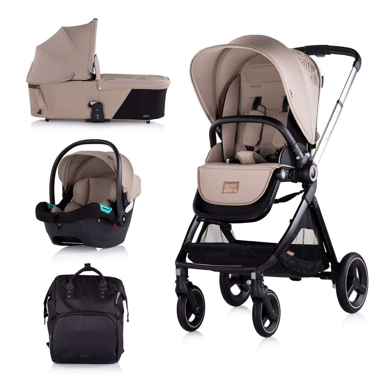 Kinderwagen Elite 3 in 1 i-Size Babyschale Sportsitz Babywanne Tasche braun