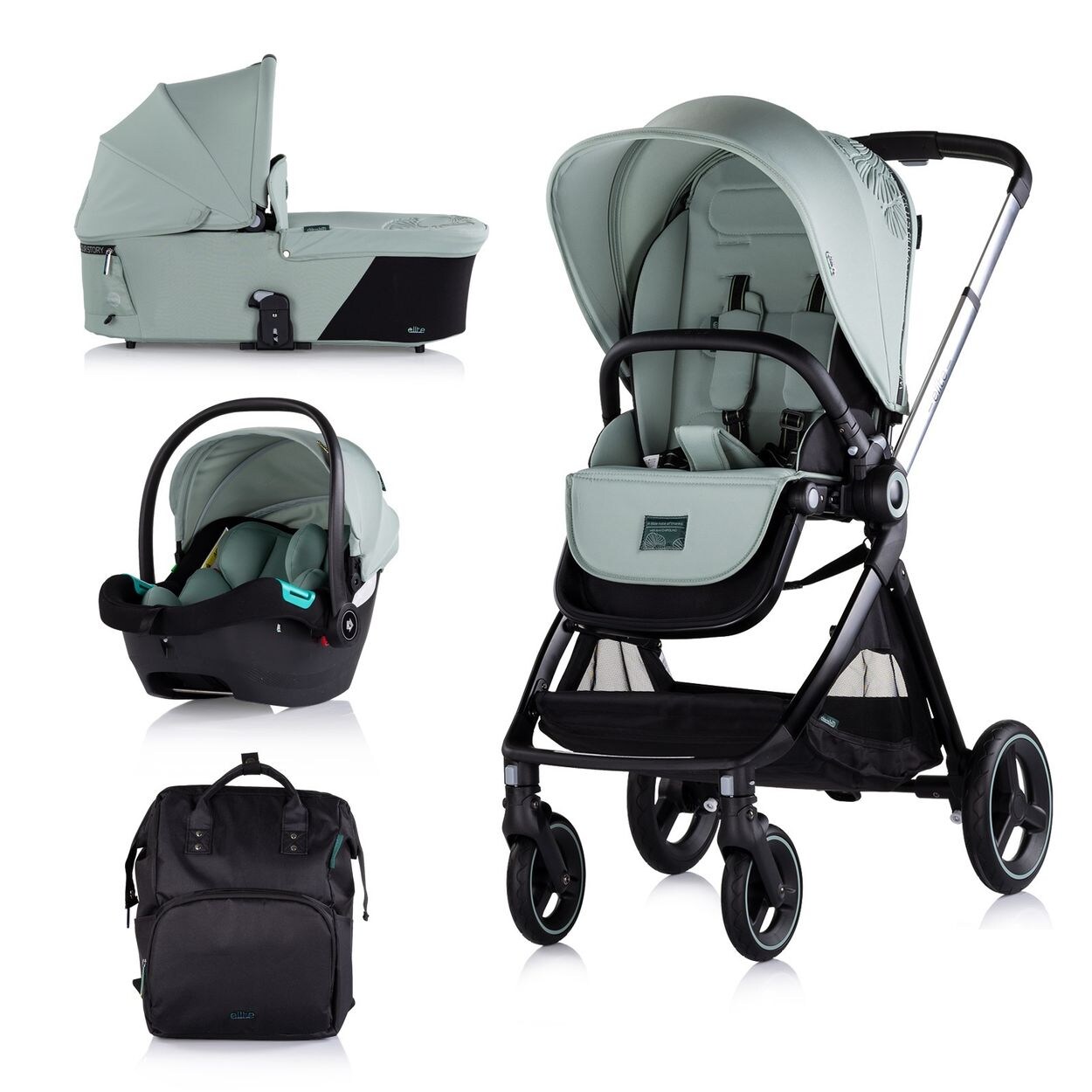 Kinderwagen Elite 3 in 1 i-Size Babyschale Sportsitz Babywanne Tasche grün