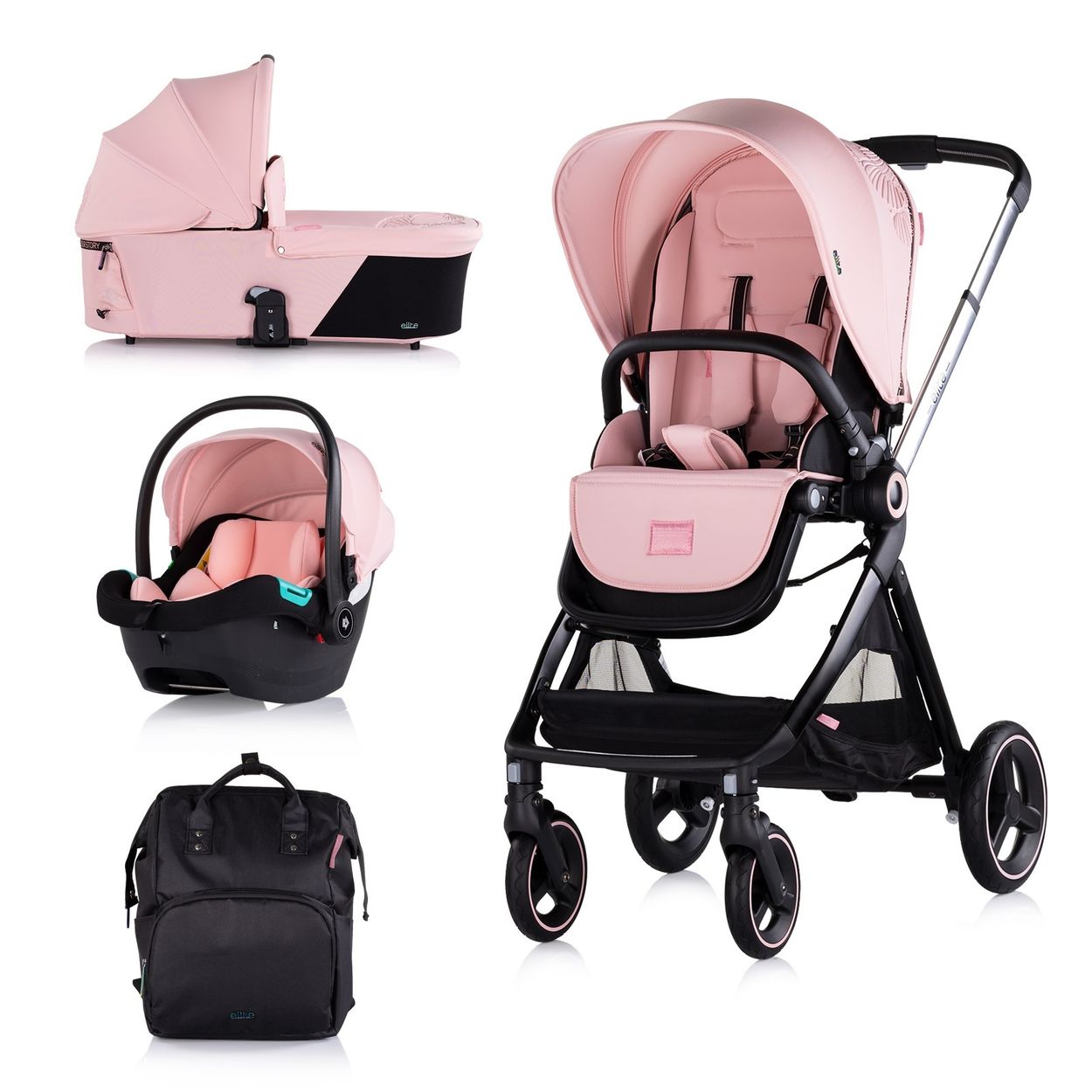 Chipolino Kinderwagen Elite 3 in 1 i-Size Babyschale Sportsitz Babywanne Tasche pink 