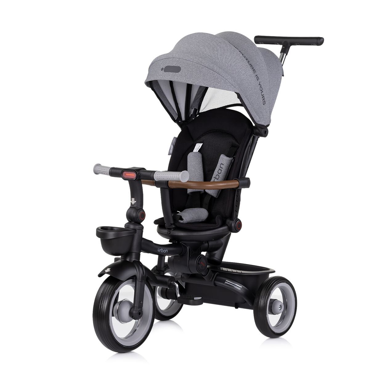 Dreirad, Tricycle Urban Lenker mit Licht, klappbar, Sitz drehbar, Korb grau