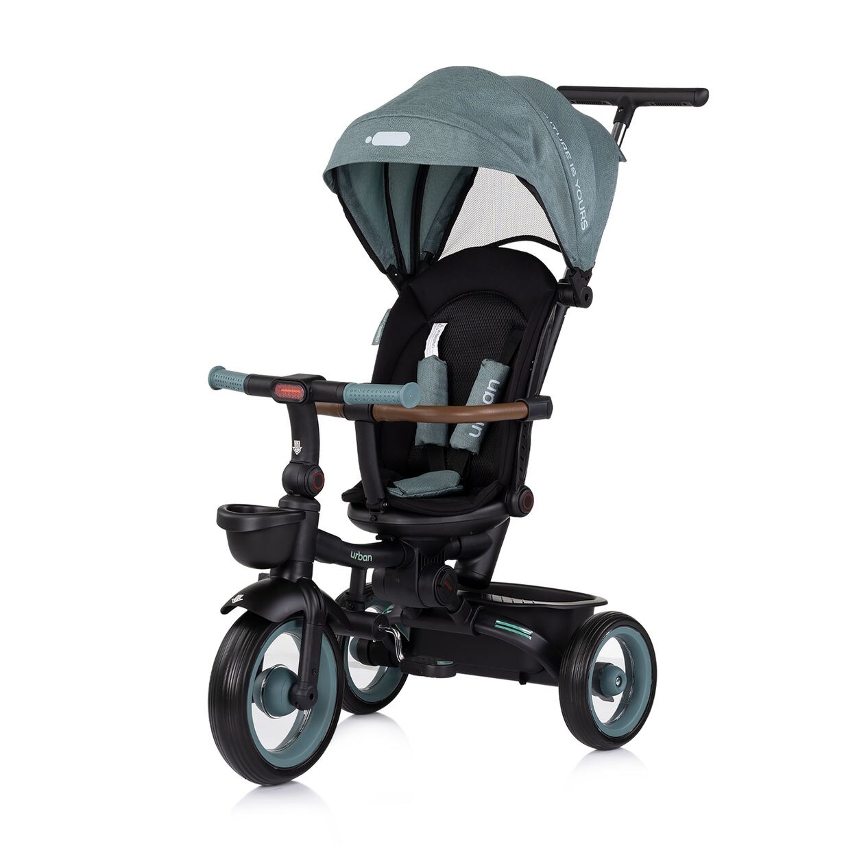 Dreirad, Tricycle Urban Lenker mit Licht, klappbar, Sitz drehbar, Korb grün