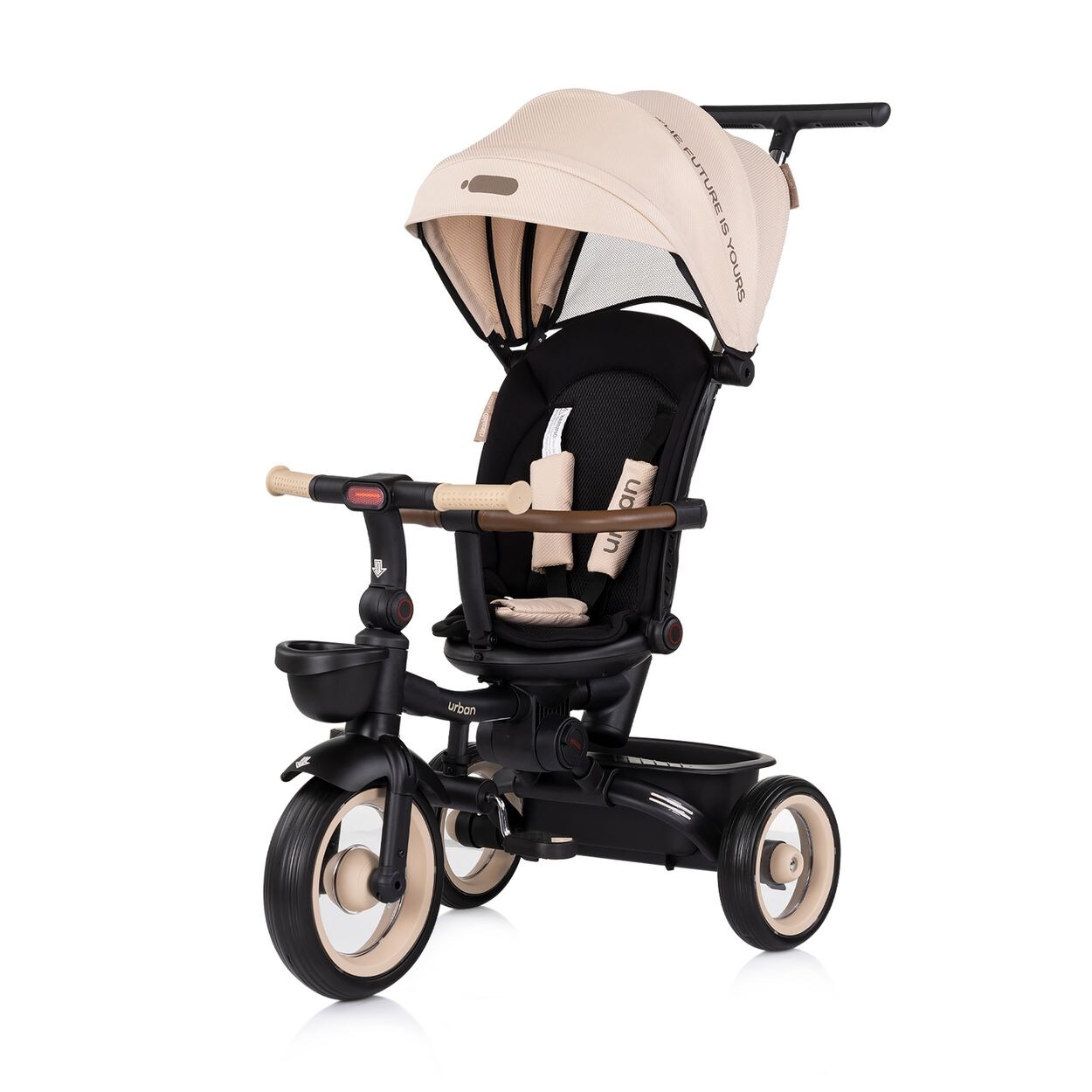 Dreirad, Tricycle Urban Lenker mit Licht, klappbar, Sitz drehbar, Korb beige