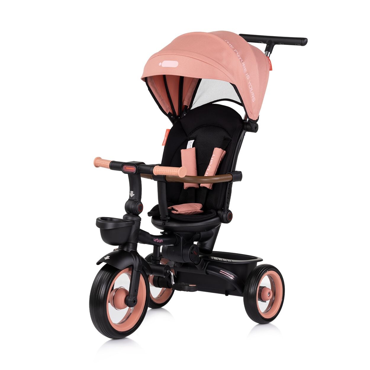 Dreirad, Tricycle Urban Lenker mit Licht, klappbar, Sitz drehbar, Korb rosa