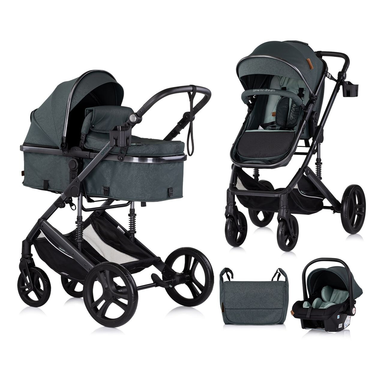 Kinderwagen 3 in 1 Amore Babyschale Adapter Wickeltasche Fußabdeckung tuerkis