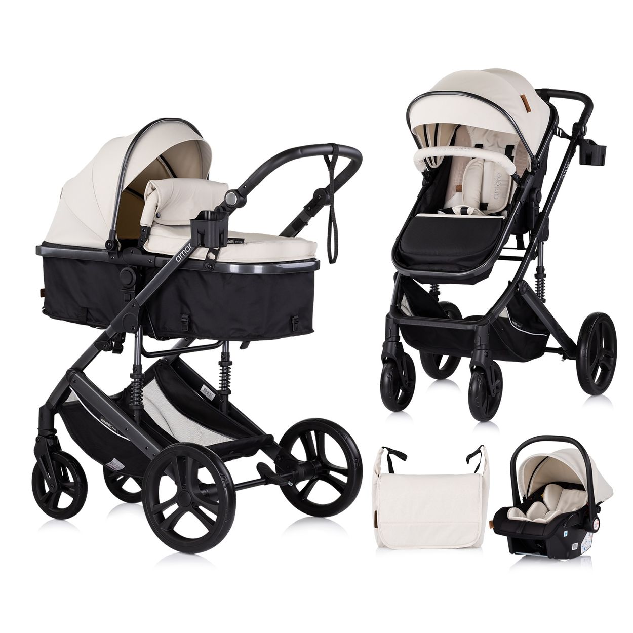 Chipolino Kinderwagen 3 in 1 Amore Babyschale Adapter Wickeltasche Fu&szlig;abdeckung creme 