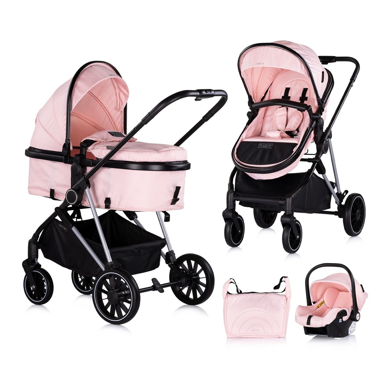 Chipolino Kinderwagen Aura 3 in 1, Autositz, Babywanne, Wickeltasche, bis 22 kg pink 