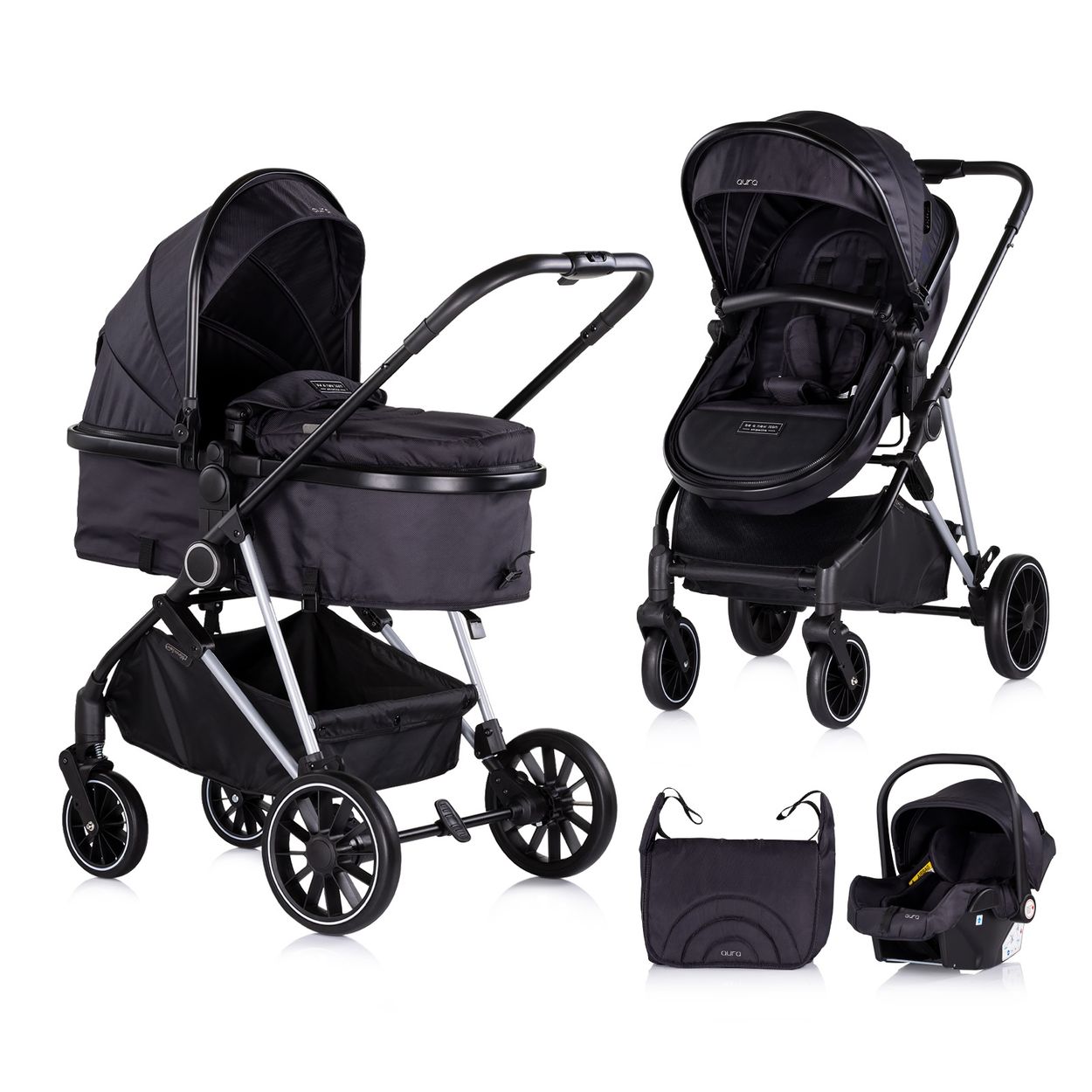 Chipolino Kinderwagen Aura 3 in 1, Autositz, Babywanne, Wickeltasche, bis 22 kg schwarz gemustert 