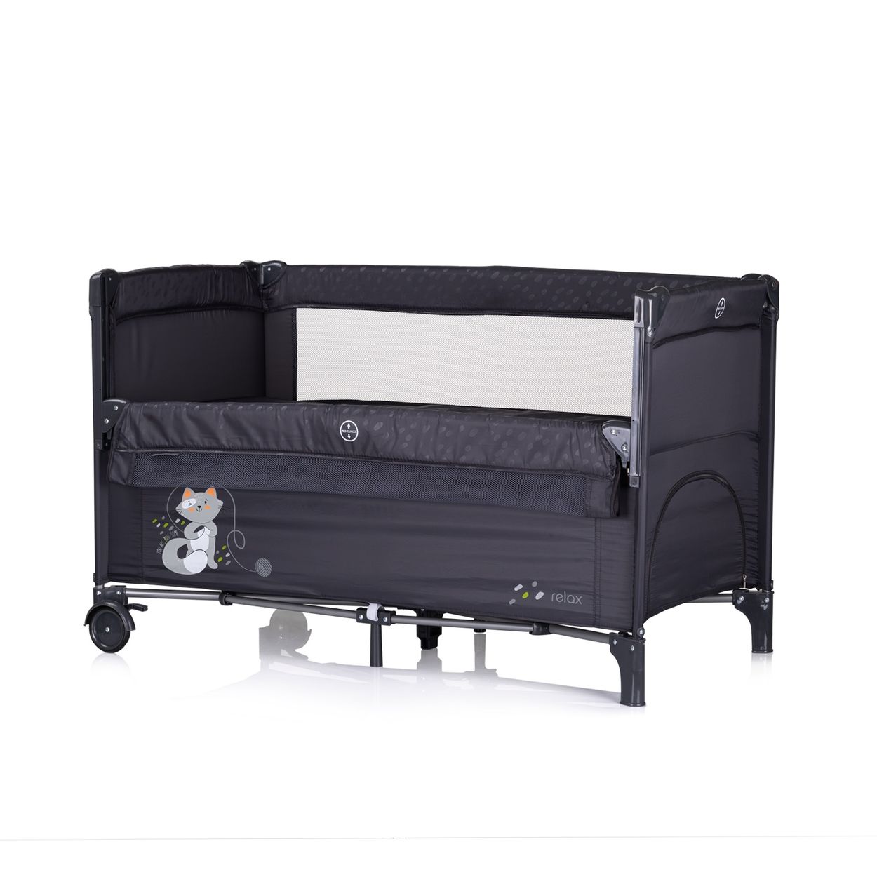 Chipolino Reisebett Relax 2 Ebenen, Vorderseite absenkbar, Seiteneingang, Tasche schwarz grau 