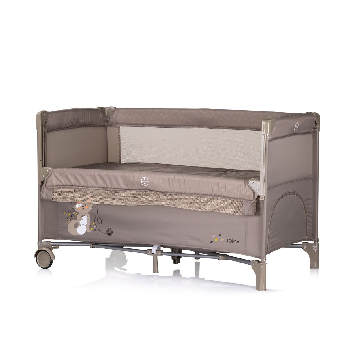 Chipolino Reisebett Relax 2 Ebenen, Vorderseite absenkbar, Seiteneingang, Tasche beige braun 