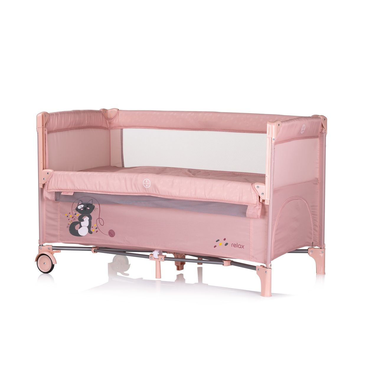 Chipolino Reisebett Relax 2 Ebenen, Vorderseite absenkbar, Seiteneingang, Tasche beige rosa pink 