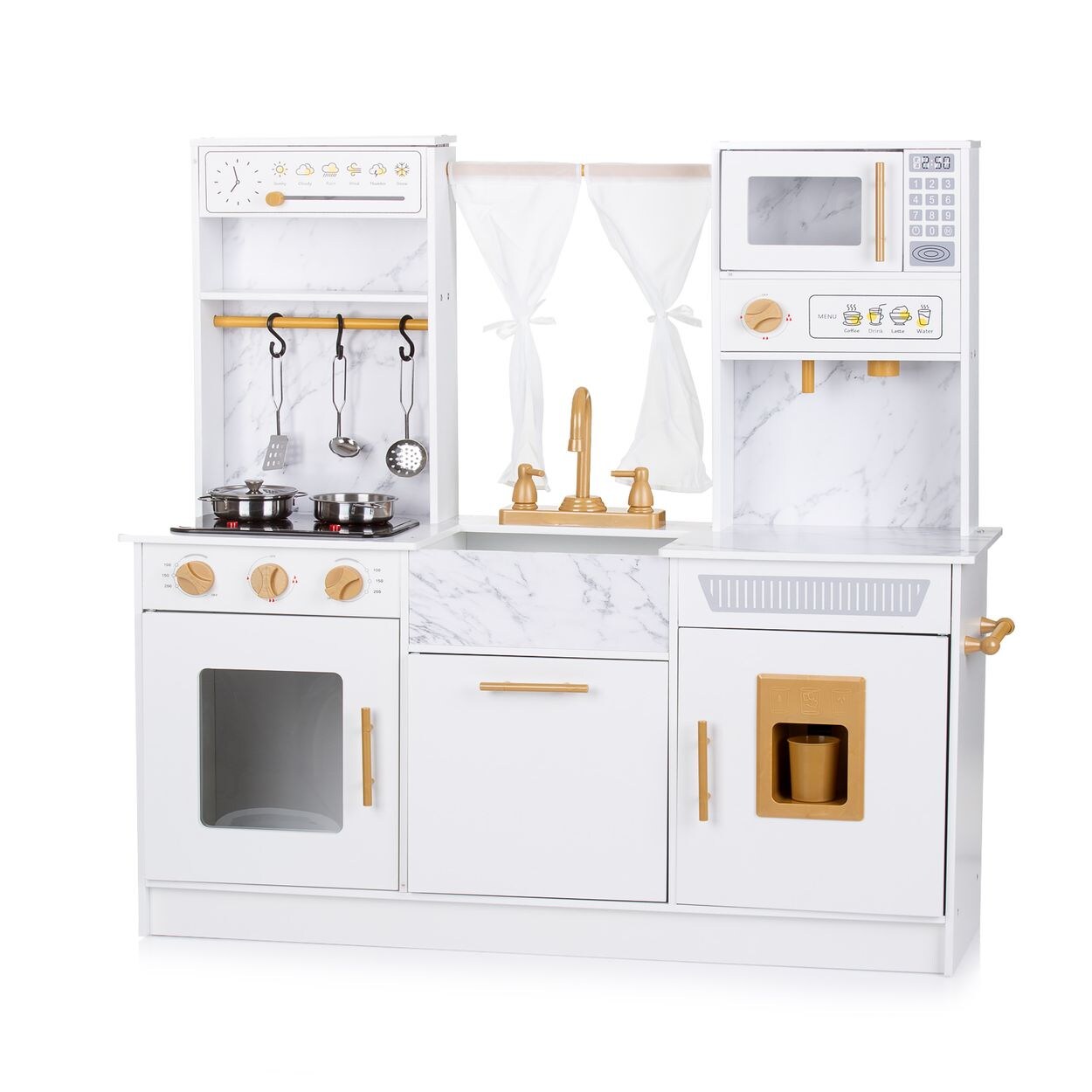 Kinderküche 94 cm Holz Sound Licht Mikrowelle Töpfe Eismaschine Spüle weiß