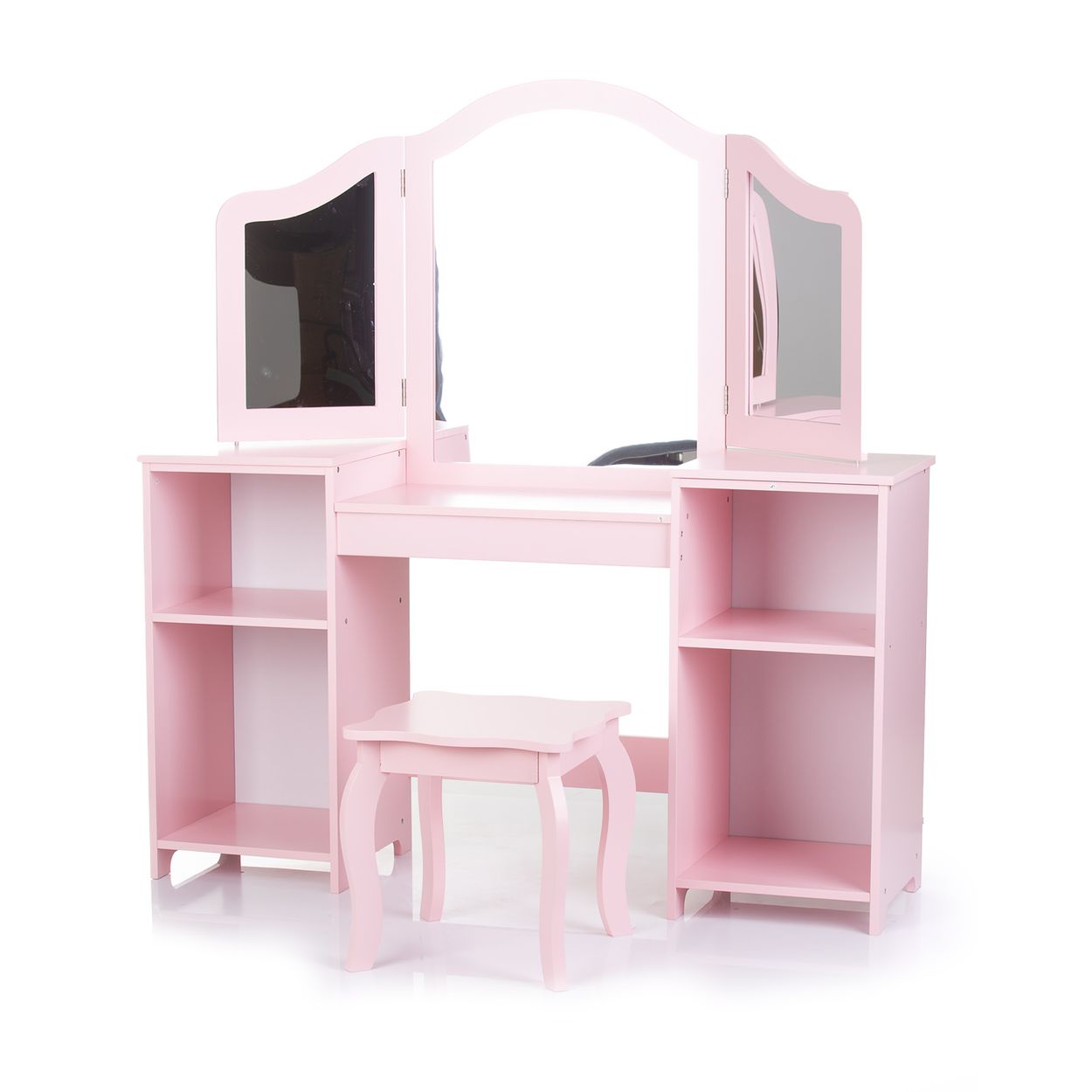 Chipolino Kinder Schminktisch Spiegel, Hocker, Holz, Stauraum, offene Regale rosa 