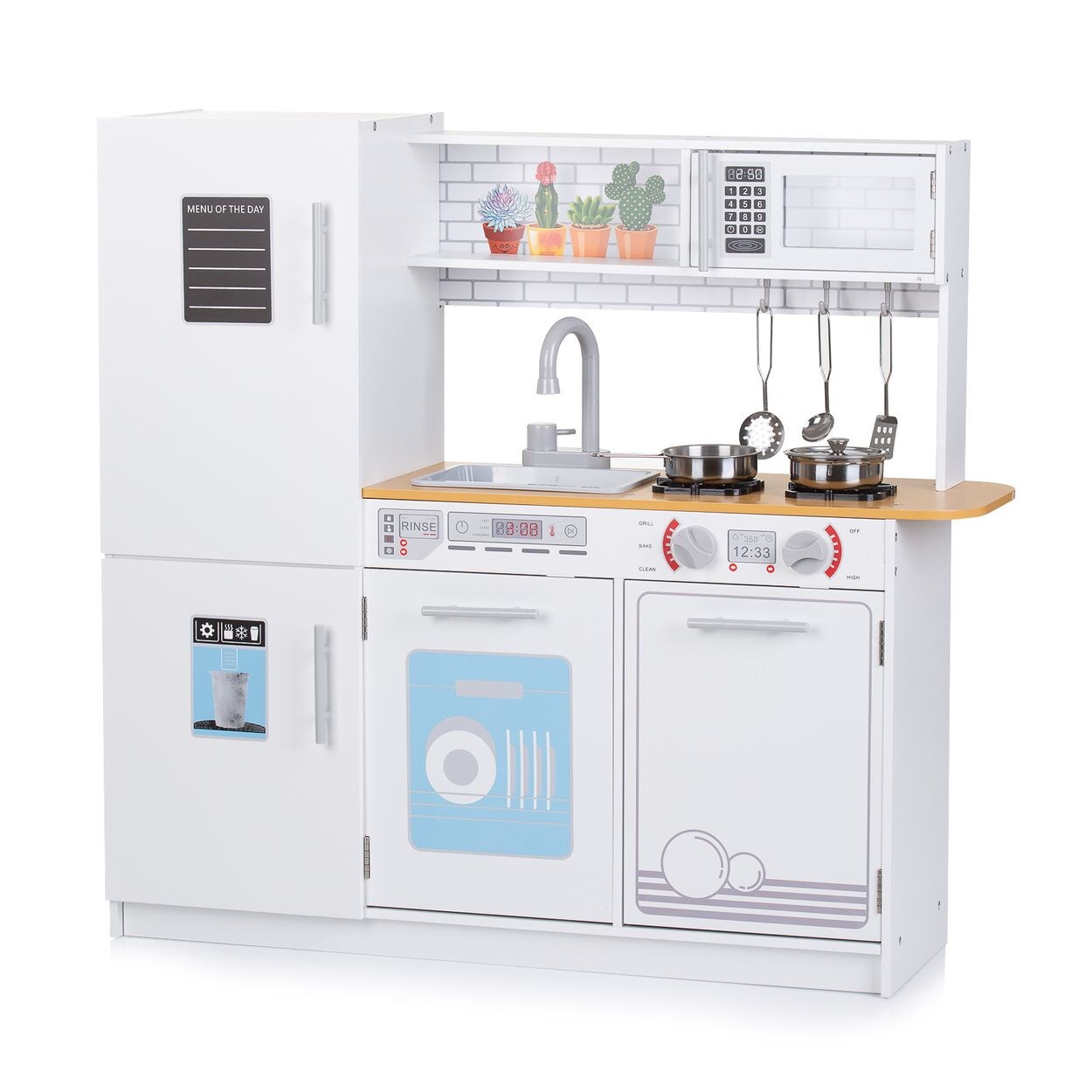 Holz-Kinderküche 80 cm LED-Licht Töpfe Waschmaschine Mikrowelle Spüle weiß