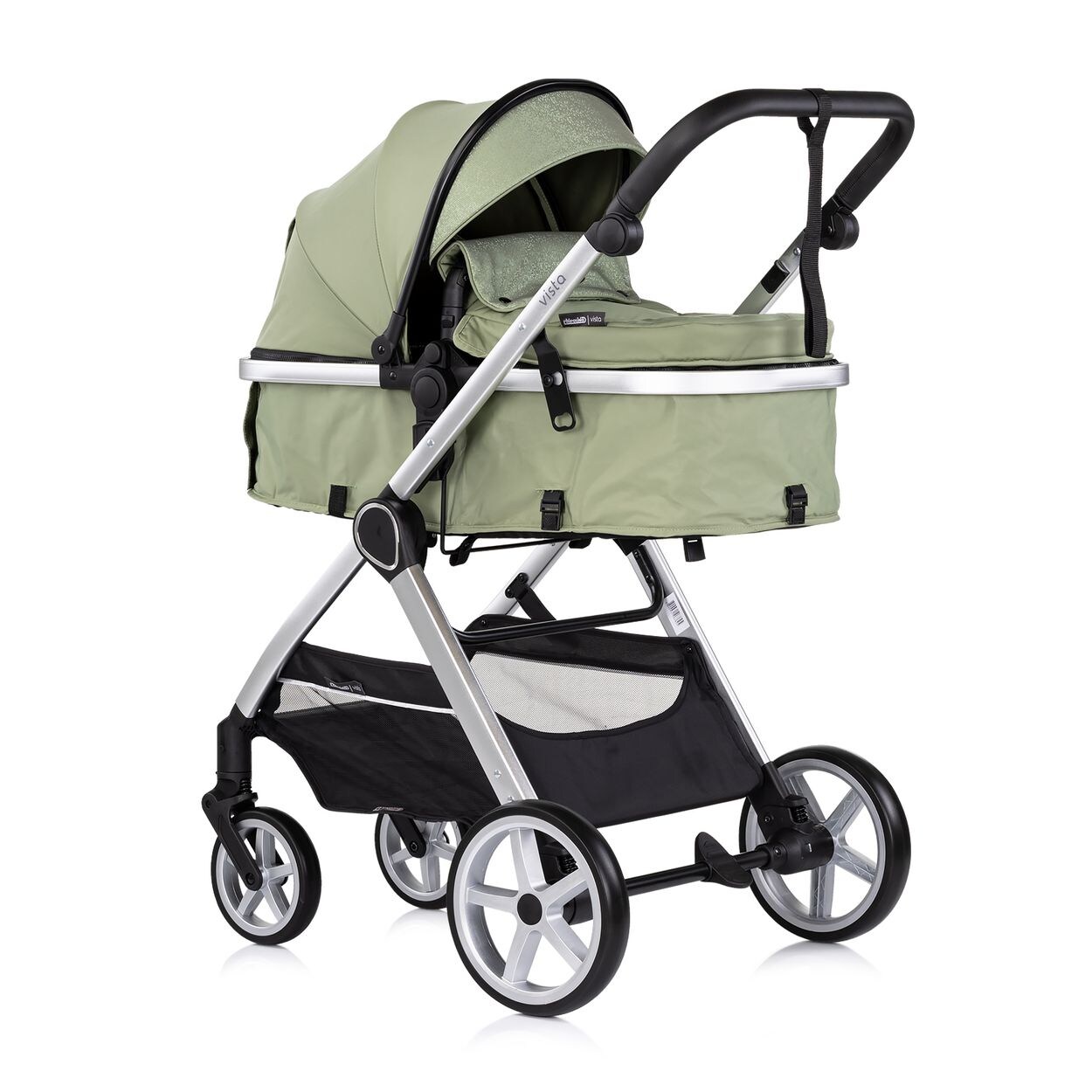 Kombikinderwagen 2 in 1 Vista Wickeltasche, Fußabdeckung, Korb, Gurt grün