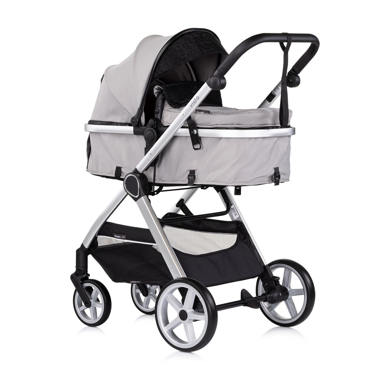 Chipolino Kombikinderwagen 2 in 1 Vista Wickeltasche, Fu&szlig;abdeckung, Korb, Gurt grau 