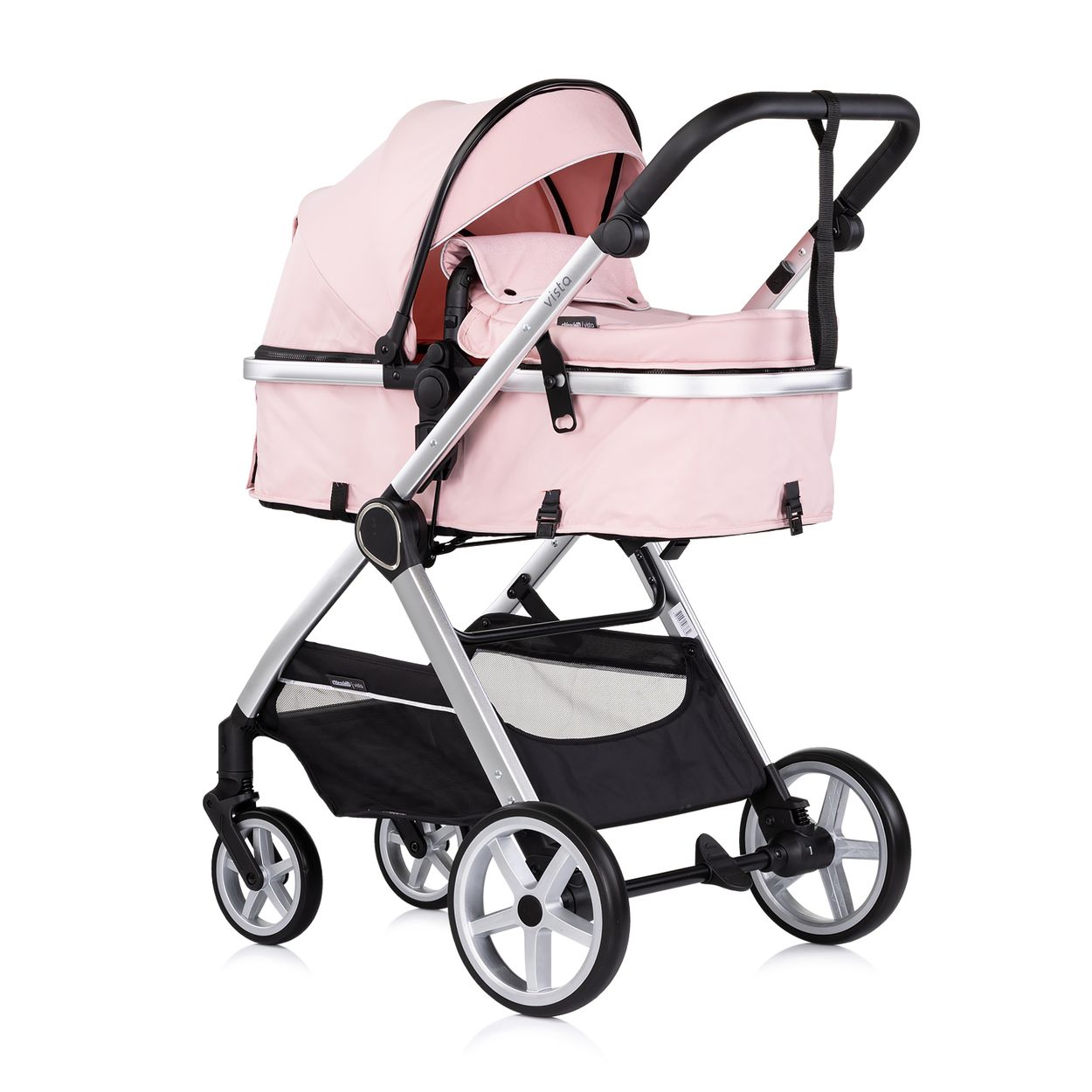 Chipolino Kombikinderwagen 2 in 1 Vista Wickeltasche, Fu&szlig;abdeckung, Korb, Gurt rosa 