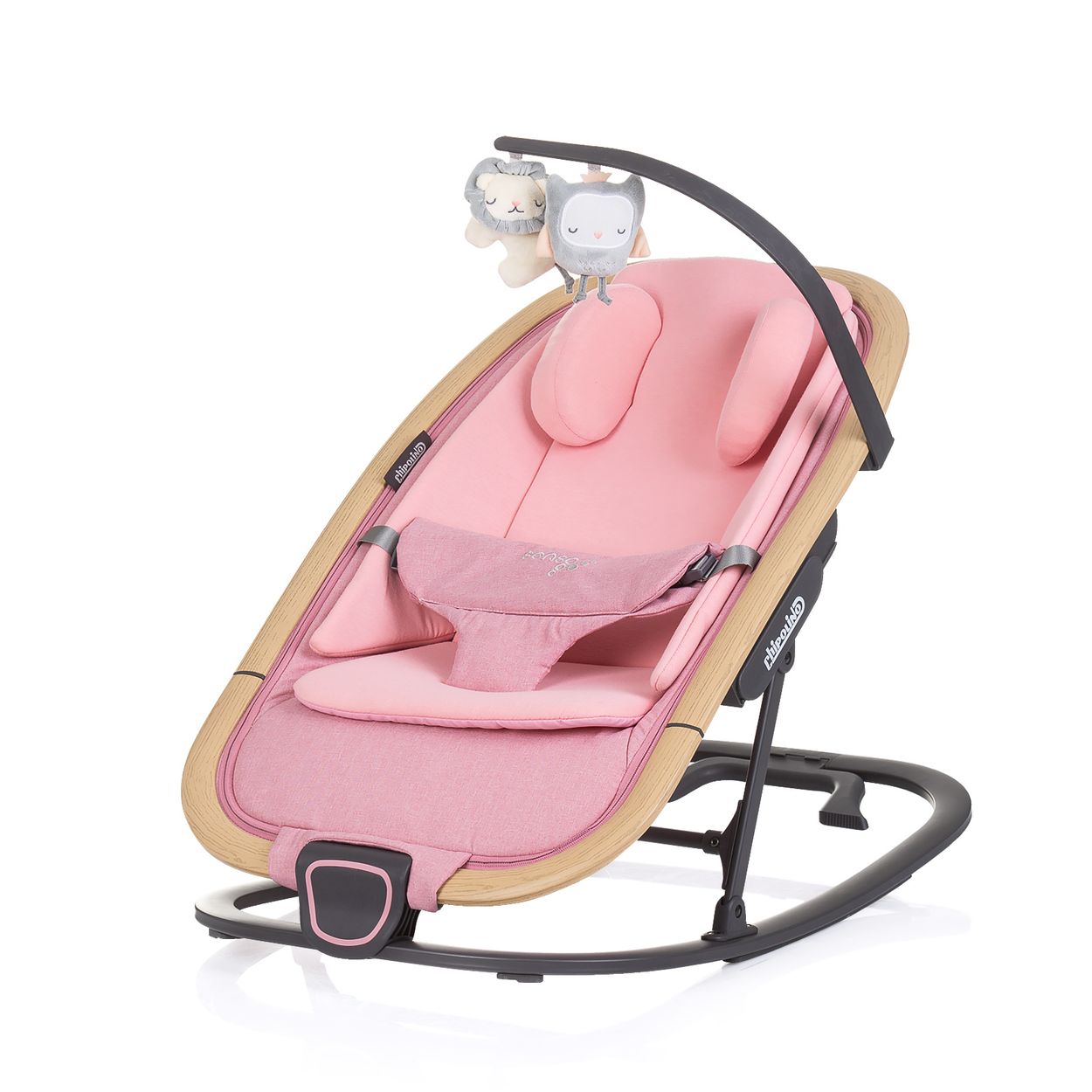 Chipolino Babywippe Senso Holzoptik Spielbogen Kopfst&uuml;tze 3-Punkt-Gurt faltbar rosa 