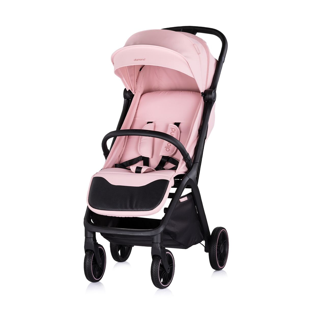 Kinderwagen Diamond klappbar, Korb, PU-Rollen, Sonnendach, Beinstütze rosa