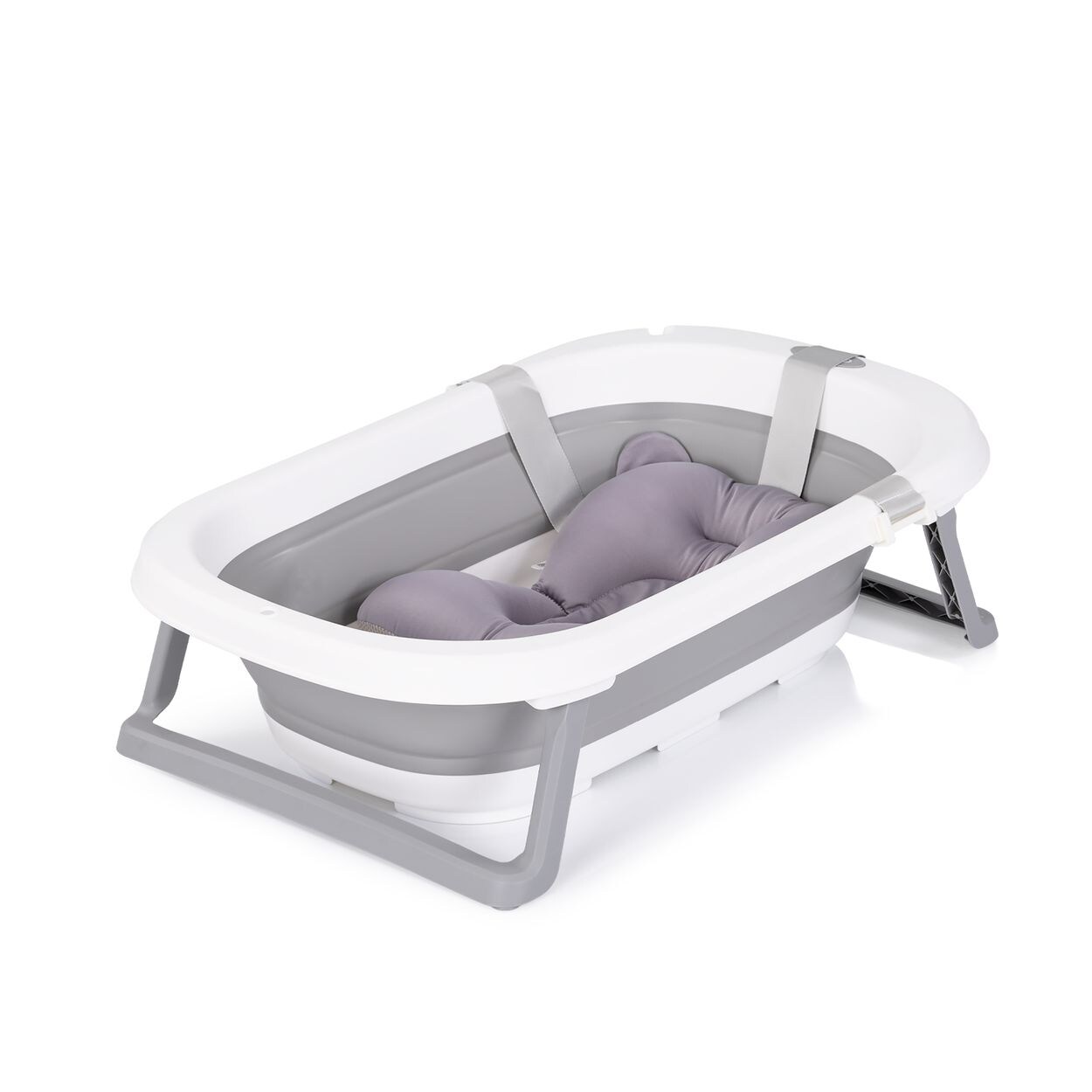 Babywanne Isla mit Badekissen faltbar, integrierter Wasserablauf grau