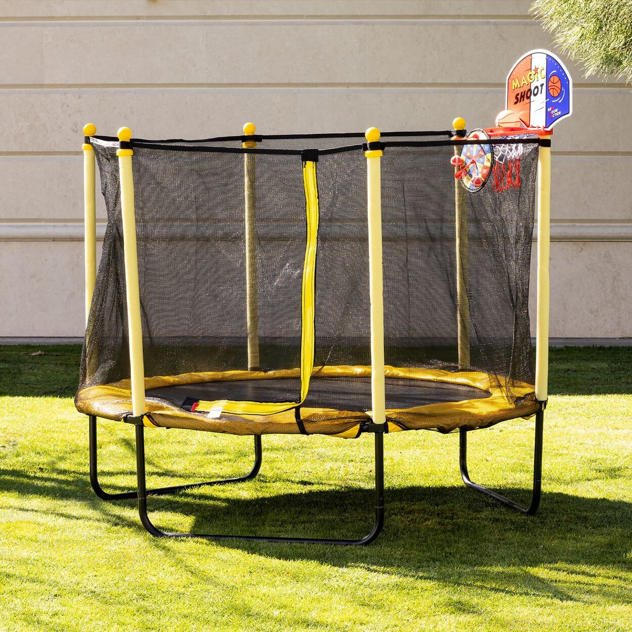 Kindertrampolin Sporty 140cm Basketballkorb Leiter Federabdeckung gelb