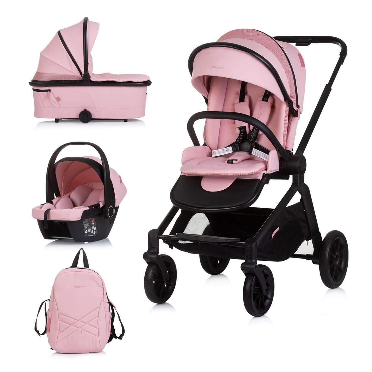 Kombikinderwagen Magnum 3 in 1 Babywanne Sportsitz i-Size Babyschale rosa