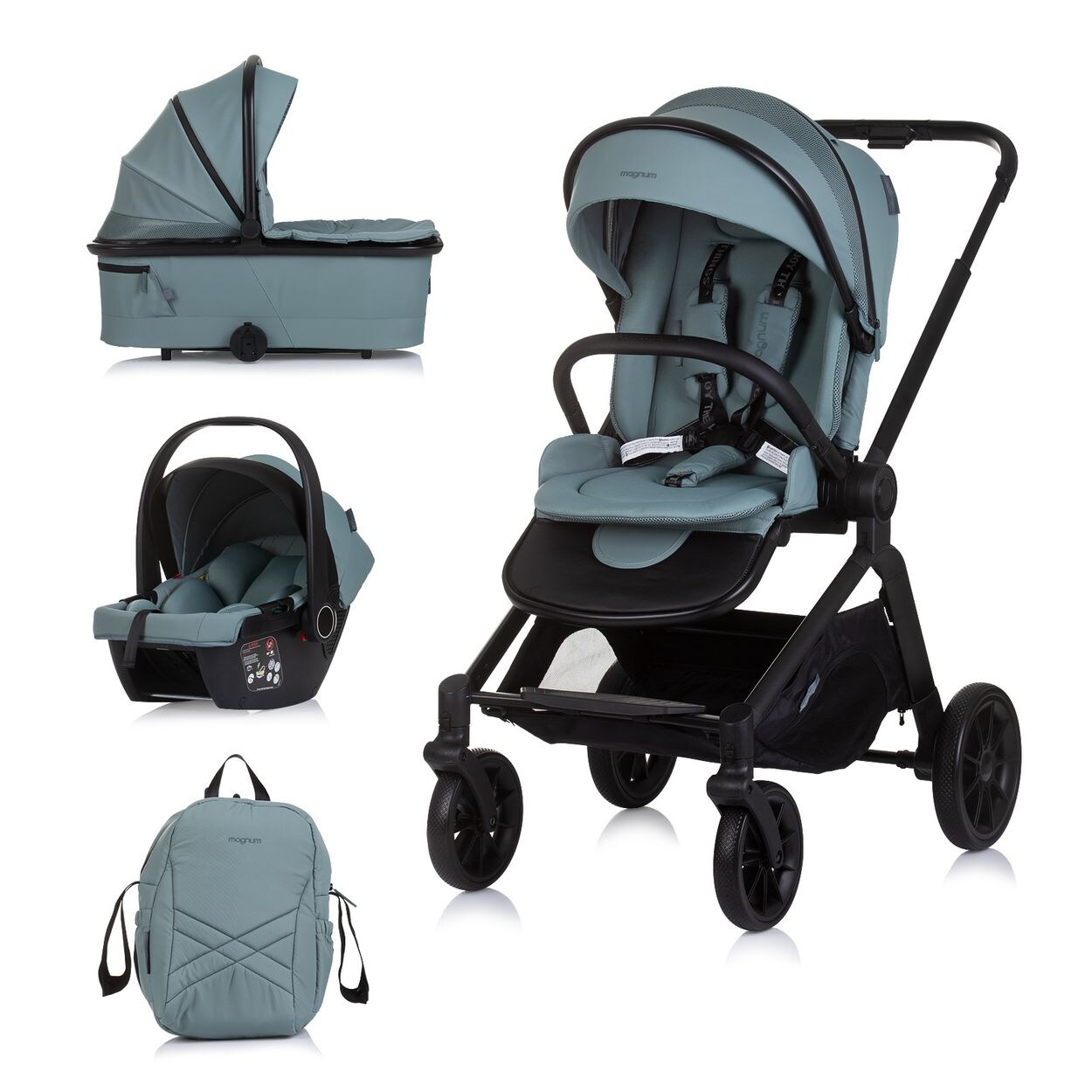Kombikinderwagen Magnum 3 in 1 Babywanne Sportsitz i-Size Babyschale grün