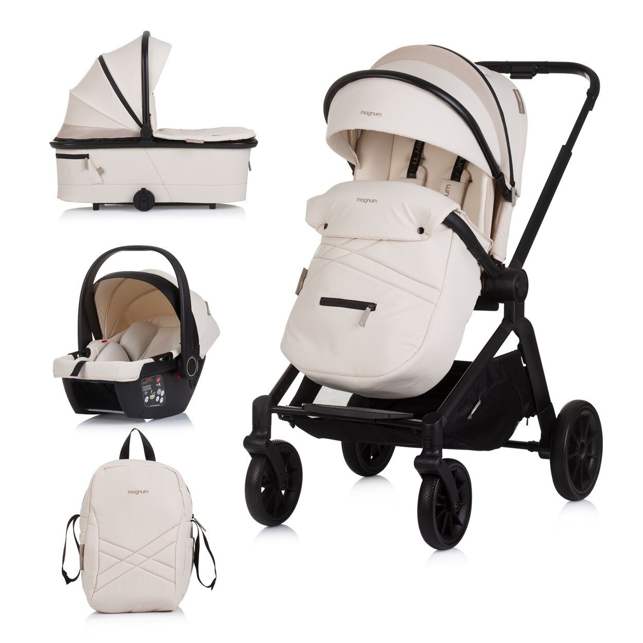 Kombikinderwagen Magnum 3 in 1 Babywanne Sportsitz i-Size Babyschale creme