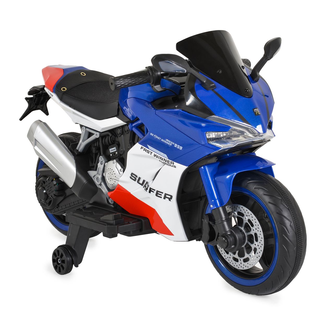 Moni Kinder Elektromotorrad Surfer St&uuml;tzr&auml;der Fu&szlig;st&uuml;tze Bluetooth MP3-Ausgang blau 