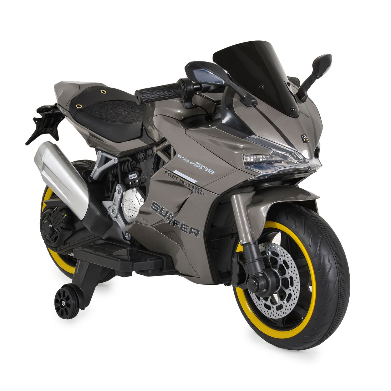 Moni Kinder Elektromotorrad Surfer St&uuml;tzr&auml;der Fu&szlig;st&uuml;tze Bluetooth MP3-Ausgang grau 