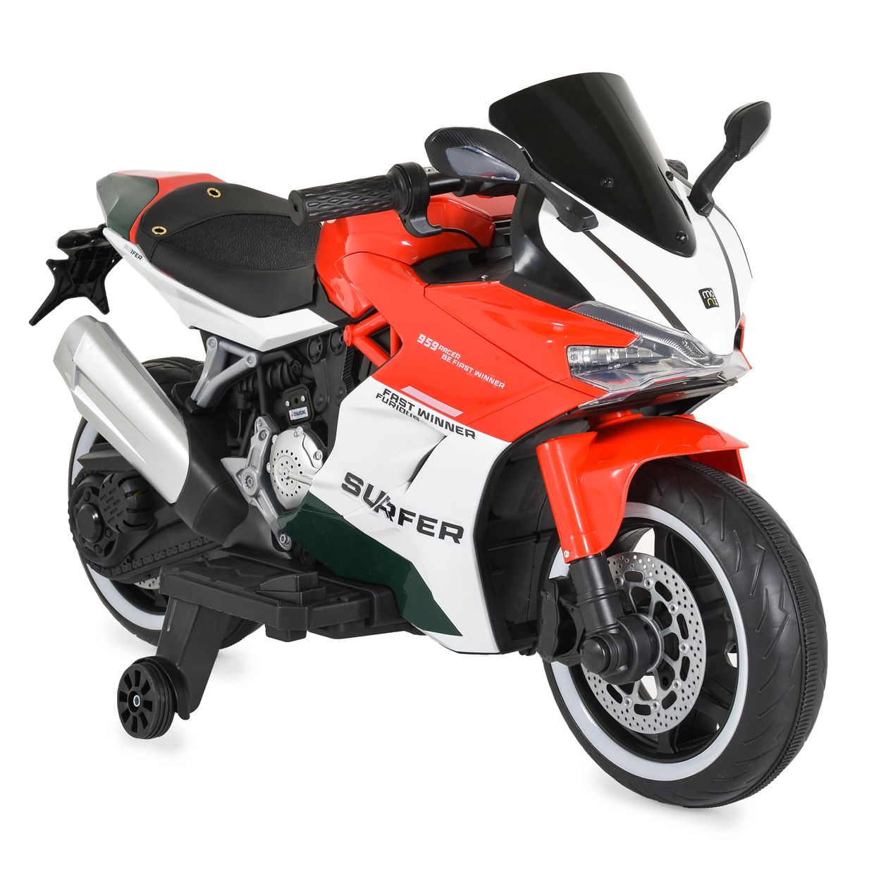 Moni Kinder Elektromotorrad Surfer St&uuml;tzr&auml;der Fu&szlig;st&uuml;tze Bluetooth MP3-Ausgang rot 