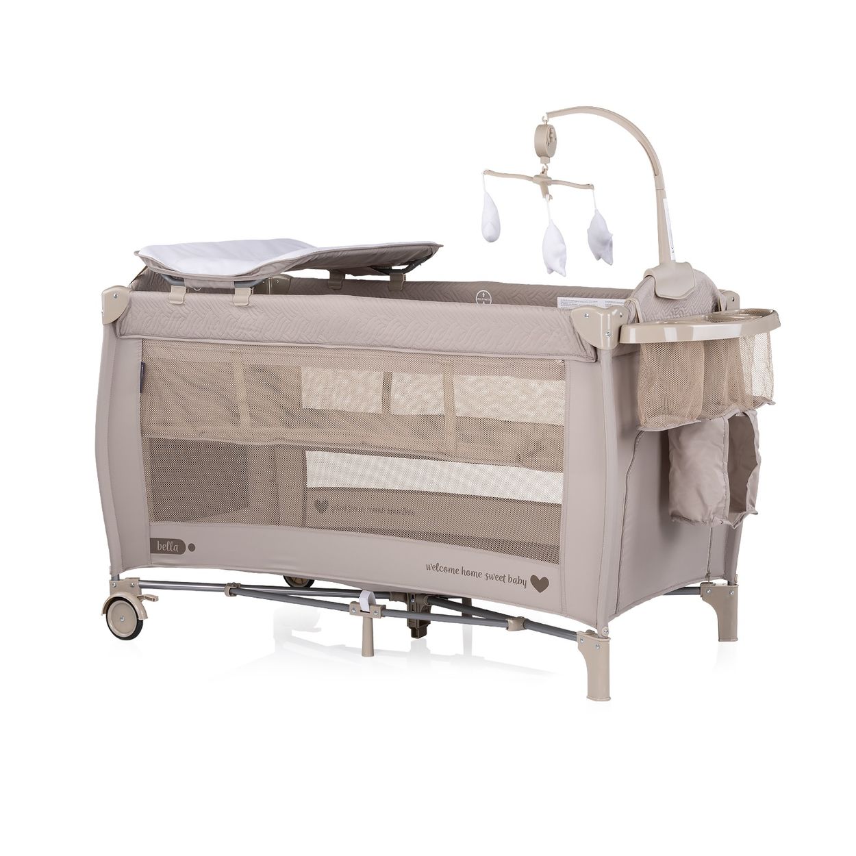 Chipolino Reisebett Bella 2 Ebenen seitlicher Eingang Musikmobile Wickelauflage braun gemustert 