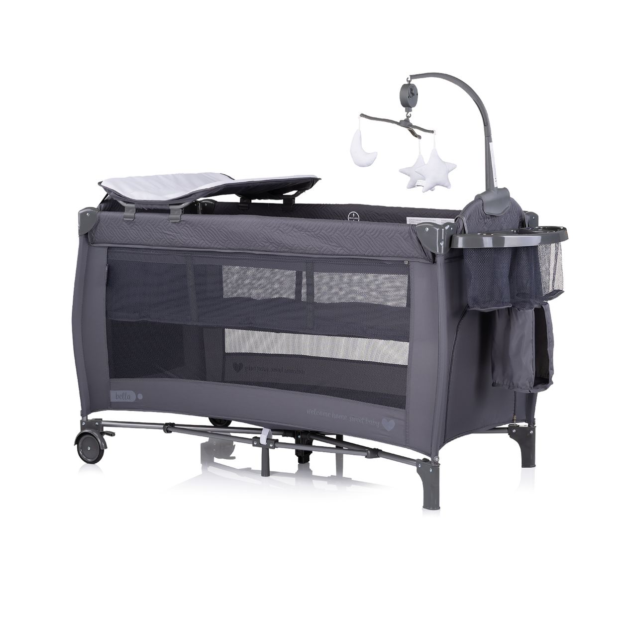 Chipolino Reisebett Bella 2 Ebenen seitlicher Eingang Musikmobile Wickelauflage grau gemustert 