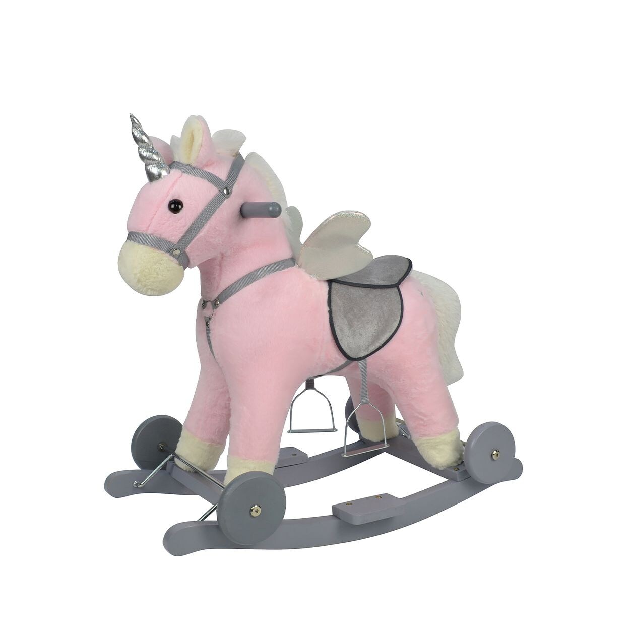 Schaukeltier Einhorn Sound Räder Holz Steigbügel sattelförmiger Sitz rosa