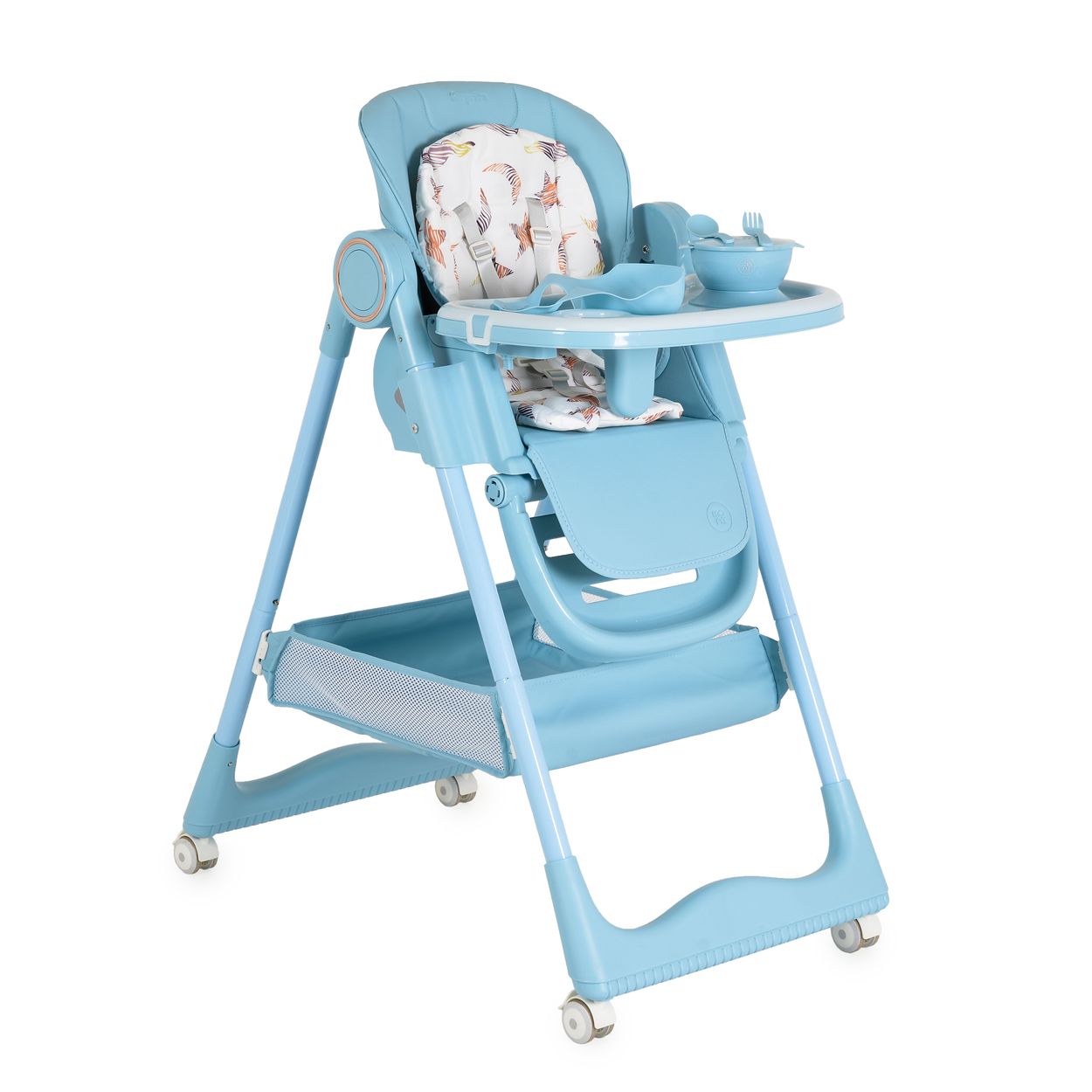 Moni Kinderhochstuhl Surprise faltbar L&auml;tzchen Sch&uuml;ssel L&ouml;ffel Gabel R&auml;der Korb blau 