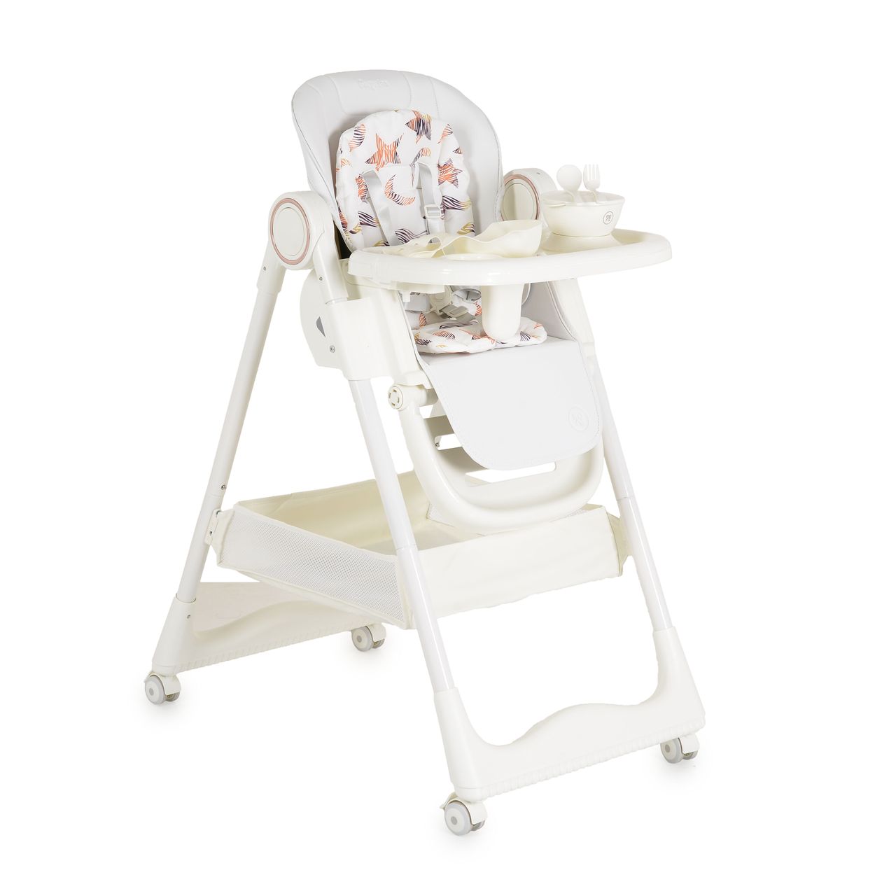 Moni Kinderhochstuhl Surprise faltbar L&auml;tzchen Sch&uuml;ssel L&ouml;ffel Gabel R&auml;der Korb wei&szlig; 