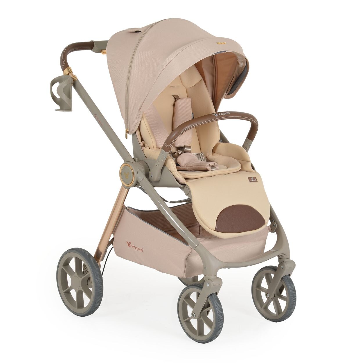 Kombikinderwagen Unique 3 in 1 Babyschale Stoßdämpfer PU-Räder Tasche beige