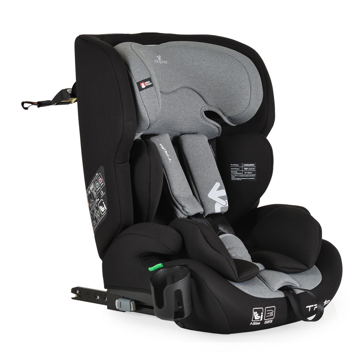 Cangaroo Kindersitz Trip i-Size (76-150cm) Isofix verstellbare Kopfst&uuml;tze Gurt grau 