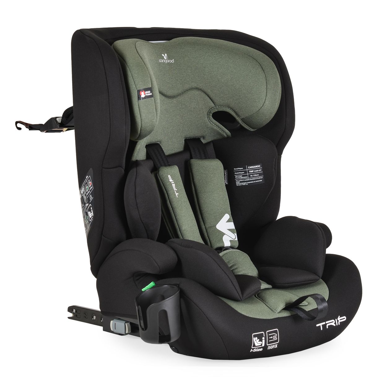 Cangaroo Kindersitz Trip i-Size (76-150cm) Isofix verstellbare Kopfst&uuml;tze Gurt gr&uuml;n 