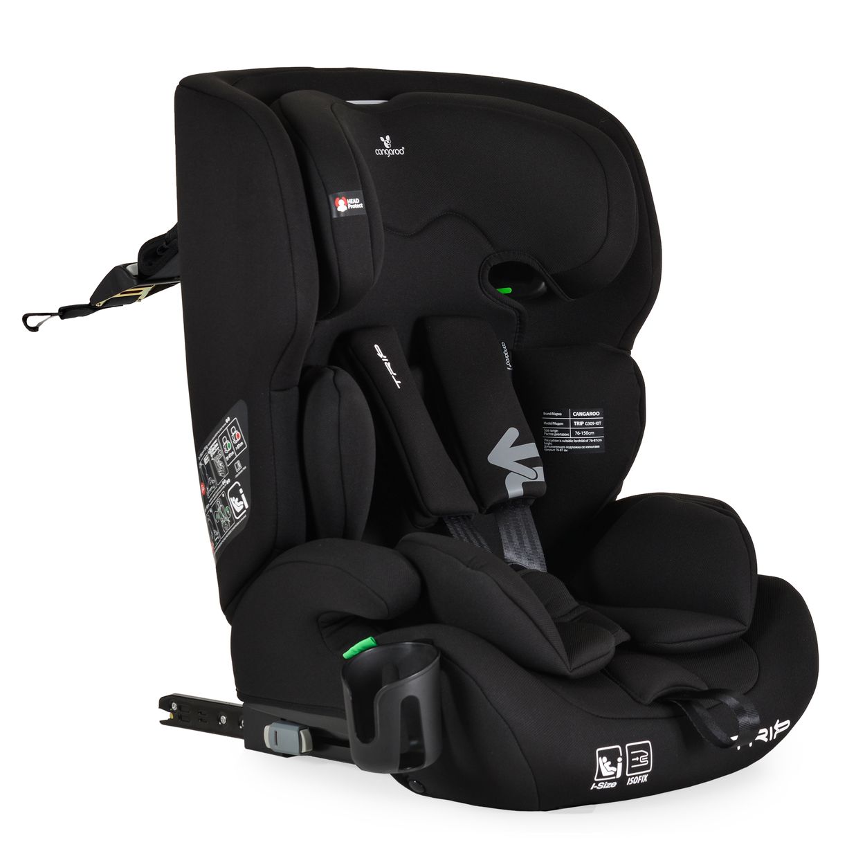 Cangaroo Kindersitz Trip i-Size (76-150cm) Isofix verstellbare Kopfst&uuml;tze Gurt schwarz 
