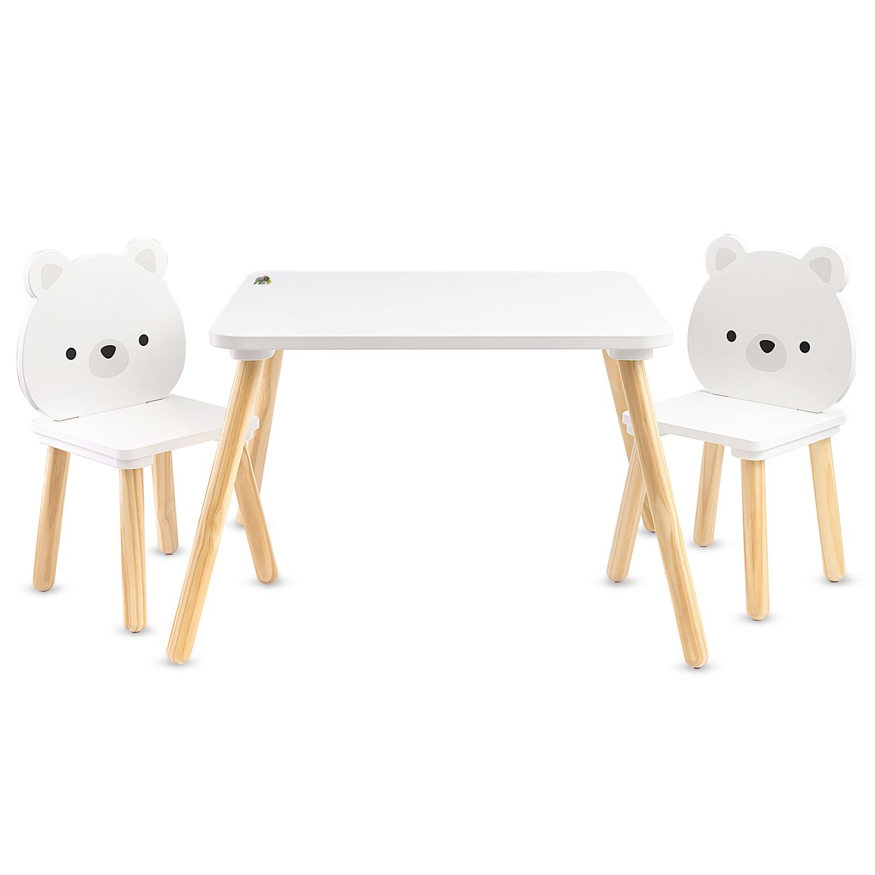 Moni Kinder Tischset 2 St&uuml;hle wei&szlig;e B&auml;ren Holz, Spieltisch, Kinderzimmerm&ouml;bel wei&szlig; 