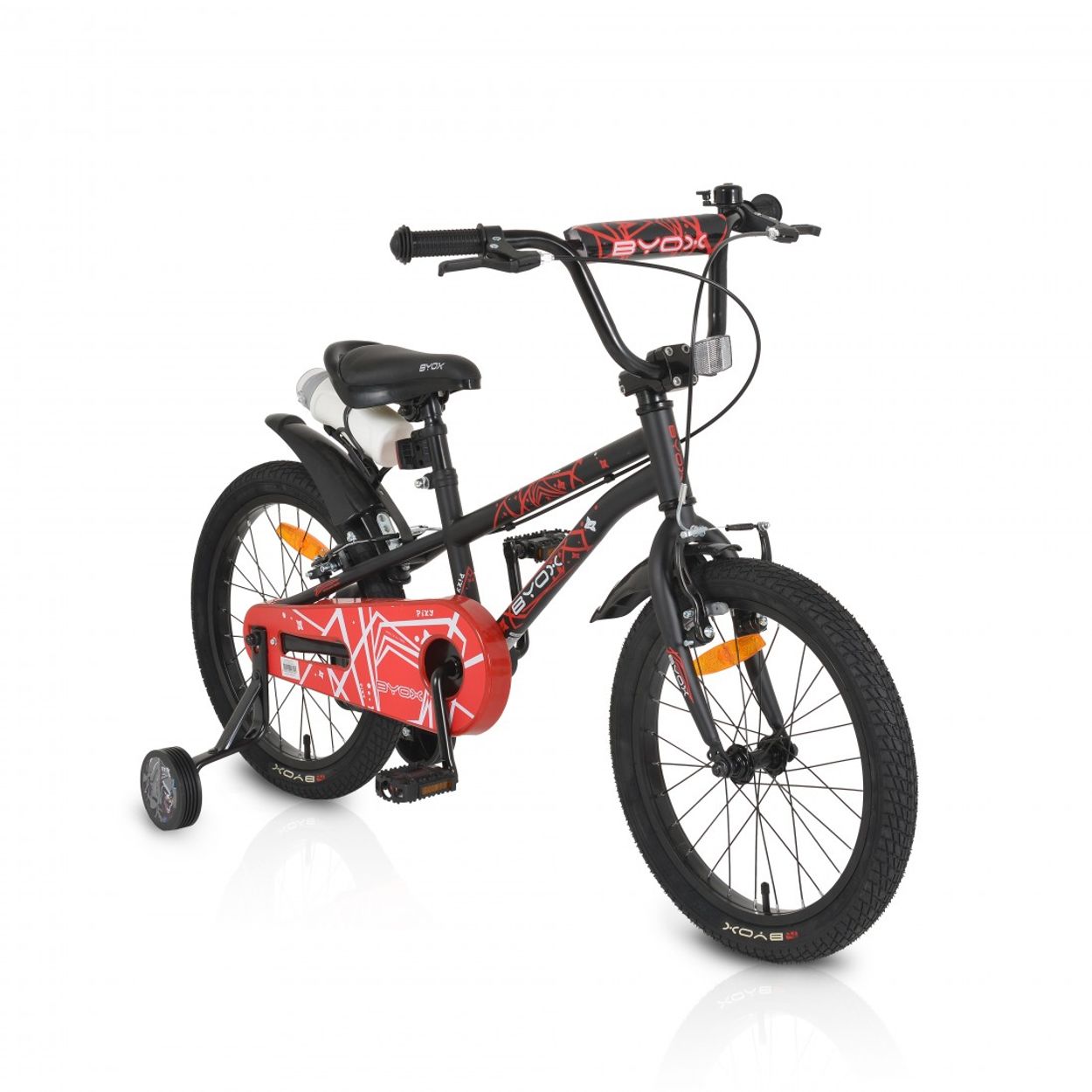 Byox Kinderfahrrad 18 Zoll Pixi, Klingel, Reflektoren, St&uuml;tzr&auml;der, ab 5 Jahre schwarz rot 