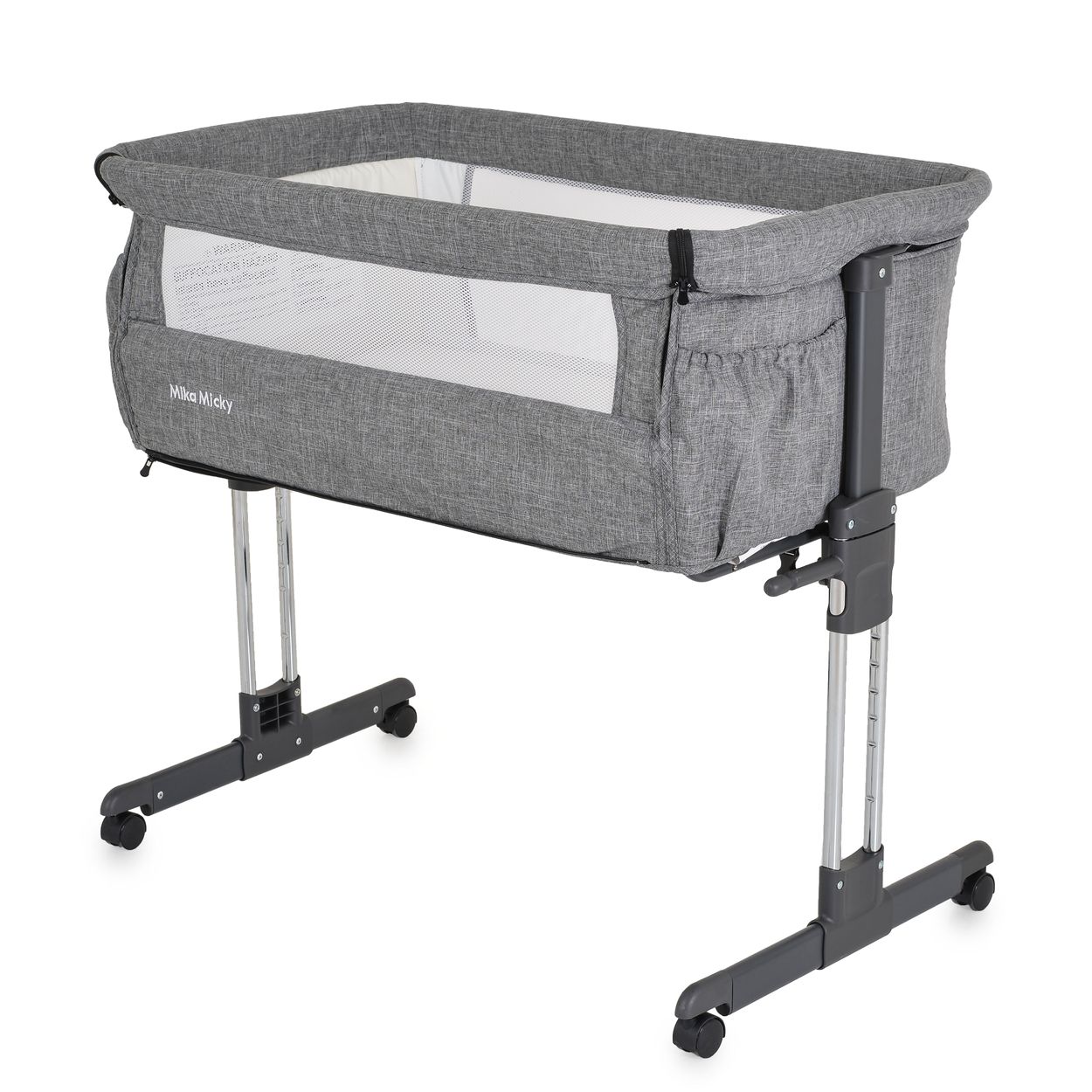 Moni Beistellbett Mika Matratze h&ouml;henverstellbar R&auml;der mit Bremse Seitentaschen grau 