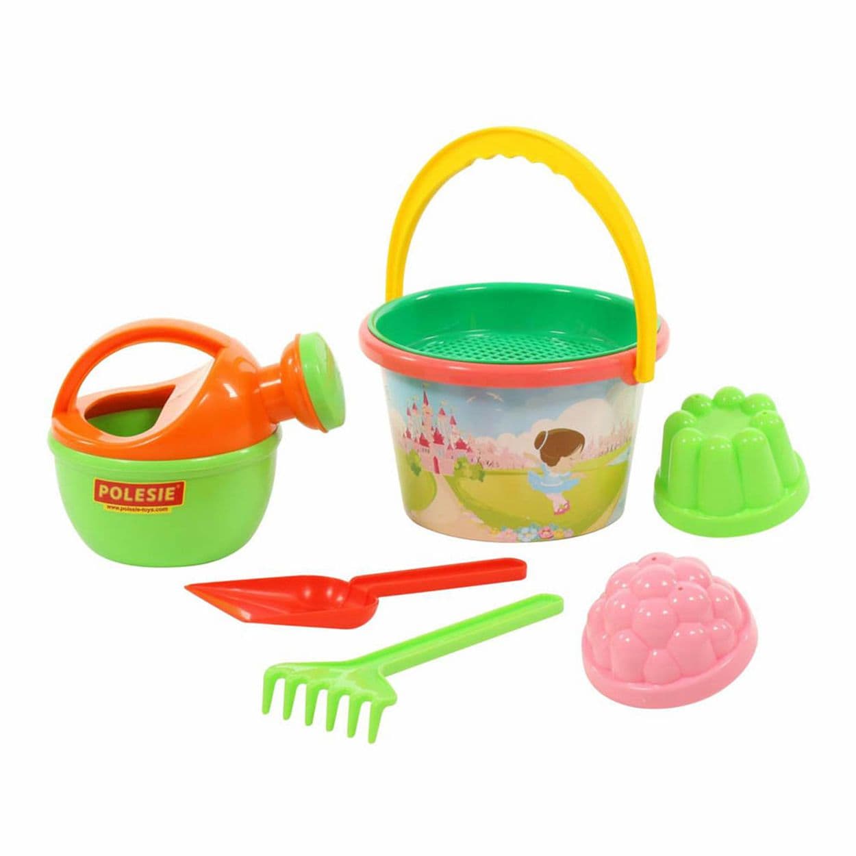 Polesie Sandspielzeug Set 0658 Eimer Schaufel Gie&szlig;kanne F&ouml;rmchen Rechen 6-teilig bunt 